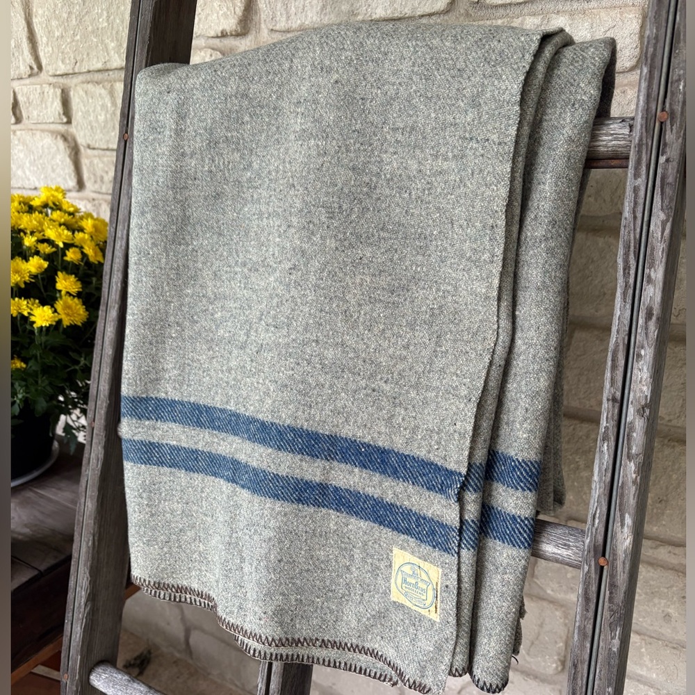 Horn Bros Vintage  Wool Blanket with Blue Stripes made in Canada